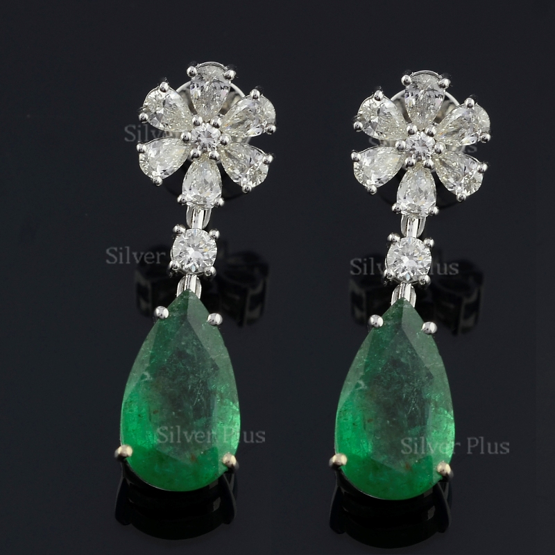 Emerald Diamond Earrings, Green Emerald Earrings, Diamond Flower
